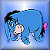 Pixelated static icon of a blue cartoon donkey with black mane and tail, pink nose, light brown face, and white eyes against a gradient blue background.