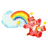 Pixelated static icon featuring a red cartoon character with rainbow accents, a blue cloud, and yellow sparkles on gray background.