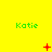 Green text 'Katie' on yellow background with red pixel symbols changing across frames: plus, starburst, X, small plus, dot, and dotted circle.