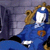 A pixelated blue cartoon character with brown hair, white eyes, and a white mouth, wearing a blue outfit with an orange patch, positioned against a gray background.