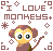 Pixel art icon featuring a monkey with large eyes holding a stick, surrounded by decorative shapes and text reading "LOVE MONKEYS" in brown block letters.