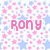 Pixelated icon with pink text 'Rony' centered over a background of scattered pink and light blue stars on white.