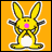 Animated contact sheet of a yellow cartoon rabbit character with pink nose and white belly, displayed across 22 frames on an orange background with text overlays.