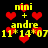 Pixelated yellow text and red hearts on black background, with repeated 'nini + andre' and '11*14*07' text elements.