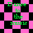 Pixelated green text "Dance to the music" repeats across a pink and black checkered background with shifting diamond patterns.