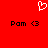 Red background with white pixelated heart symbol above two identical black text phrases 'Pom <3' in a