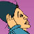 Pixelated icon shows a person with dark hair and light skin in profile, hands clasped near face, against purple background.