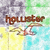 Pixelated image with brown text 'hollister' over a background split into gray, green, yellow, and cyan sections.