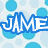 Pixelated blue and white text 'JAME' with light blue circular shapes on a pale background.