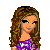 Pixel art of a female character with long brown curly hair wearing purple top and white pants, alongside stylized purple text letters F L I R T.