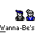 Pixel art animation of two cartoon figures in blue caps and black jackets with red or blue shirts, displaying text bubbles over repeated "Wanna-Be's" text on gray background.