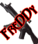 Pixelated static icon showing a black assault rifle with red text "FREDDY" overlaid diagonally, set against a gray background with white outline.