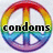 Six rainbow-colored peace symbols arranged in two , each containing text fragments forming a message about condoms and guns