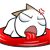 A cartoon character with closed eyes, a red tongue, and a red bandage on its head sits in a red ring, with one frame showing a red 'X' on the bandage.