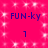 A static image with a bright pink background featuring repeated white square sparkles, displaying four instances of the text 'FUN-ky' in dark blue and two vertical bars below them.