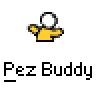 Animated contact sheet showing four frames of a pixel art buddy icon with yellow-shirted stick figure and pink eye mask across different poses on gray background.