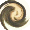 A circular icon with a swirling dark brown and beige pattern transitions to reveal a person's face, then displays multiple repeated versions of the same portrait.