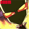 Animated sequence showing repeated 'DOOM' text in red above a cartoon character's head with orange hair and yellow eyes against dark background.