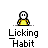 A 4x4 contact sheet of a pixel art animation showing a stick figure character changing colors and poses across 15 frames, with "Licking Habit" text below each frame on a gray background.