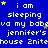 Blue background with repeated white text reading "i am sleeping va my babeva jennifer's house" and yellow stars scattered throughout.