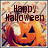 Pixelated static image with 'Happy Halloween' text above a smiling jack-o'-lantern face on an orange-yellow gradient background.