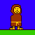 Pixelated cartoon monk in brown robe with yellow belt and feet, smiling face, standing on green ground against blue background, with one frame showing raised leg.