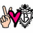A static image of five distinct pixel-art icons arranged in a , featuring symbols like peace signs and hearts with text overlays