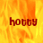 A static image with a fiery orange-yellow background and three instances of the word 'hotty' in dark red pixelated text.