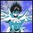 Pixelated anime character with black hair and blue body, arms outstretched against blue sky background, with white energy effects and partial text on black