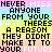 A static contact sheet of two identical animated frames showing pixelated text over a rainbow gradient background with repeated phrases and partial white text.