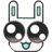 Pixelated white rabbit-like character with large black eyes and cyan inner ears, displaying two expressions: neutral face with open mouth and winking face with closed eye.