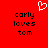 Red background with black text reading 'carly loves tom' and a white pixelated heart symbol above the left text block.