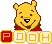 Pixel art contact sheet of four Winnie the Pooh frames with alternating red and white letter blocks spelling POOH, each frame showing slight variations in character expression and text block colors.