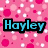 Pixelated icon with pink polka-dot background and blue text 'Hayley' on top left, light blue background with pink text 'Dryden' on bottom left, and colorful abstract shapes on top right.