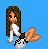 Pixel art contact sheet showing three frames of an animated icon featuring a cartoon woman with long brown hair and white clothing interacting with a small dog-like creature on a blue background.