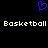 Blue pixelated heart symbol above two instances of the word 'Basketball' in white blocky text on a black background.