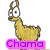 Pixelated cartoon llama with large white eyes and brown spots stands on a pink rectangular background, below which purple text reads "Chama".