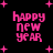 Pixelated pink text reading 'happy new year' on black background with scattered pink plus signs, animated to shift position across frames.