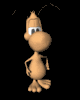 Animated 3D cartoon character with light brown skin, large round head, and small body in various poses against black background.