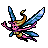 Pixel art character with pink body, multicolored wings, and a curved horn, holding a sword-like object against a gray background.