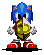 Pixelated Sonic the Hedgehog character holding a golden ring with visible text, standing on red shoes against gray background.