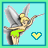 A 4-frame animated contact sheet showing a pixelated Tinker Bell character with gray wings, green dress, and blonde hair in various poses against a light blue background, each frame featuring a heart symbol that alternates between yellow and pink.