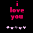 Pixelated pink text "i love you" on black background with five heart symbols below, two variations of the hearts' arrangement.