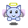 Pixelated blue cat-like creature with pink cheeks, yellow halo, and purple pigtails in four variations showing eye and shadow differences.