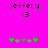 Pixelated text 'jeffery' and '<3' above green and gray cross-shaped icons on a bright pink background.