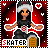 A 6-frame animated contact sheet of a pixel art skater character with varying text and background elements, displayed in a red gradient backdrop with white hearts and spades.
