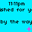 Pixelated text and pink starbursts repeat on a cyan background with time stamps visible.