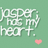 Green background with white pixelated text reading "jasper has my heart." and a small pink heart icon.