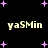 Black background with scattered purple plus-shaped stars and four instances of the text 'ya5Min' in light yellow pixelated font.