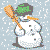 Pixelated snowman with green top hat and orange carrot nose holding wooden stick, standing on light blue background with white speckles.